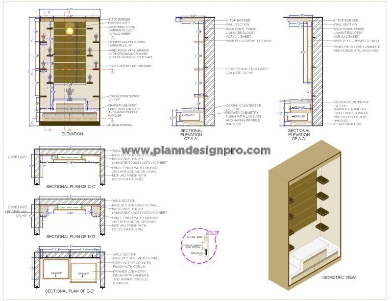 Pooja Room Cad Detail with Detailed Storage Design