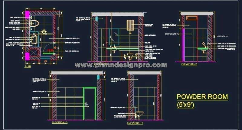Powder Room 5'x9' with Complete Design CAD Details