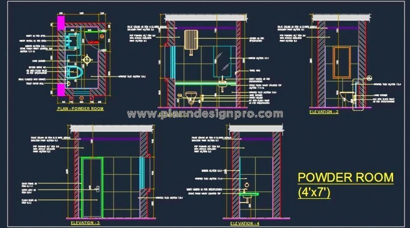 Powder Room CAD Drawing with Elevations & Specs
