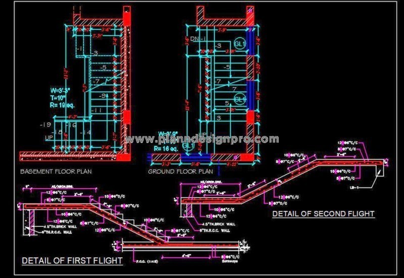 R.C.C. Staircase Structural Detail DWG - Floor Plan & Section