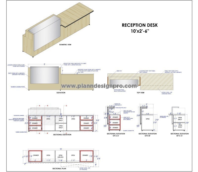 Reception Desk Elevation and Section Details- AutoCAD DWG