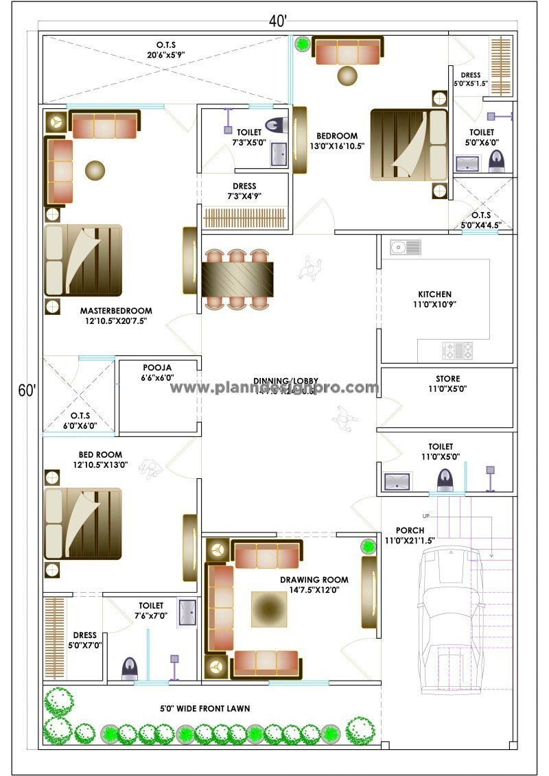 Residential Plot 40'x60' House Planning DWG File