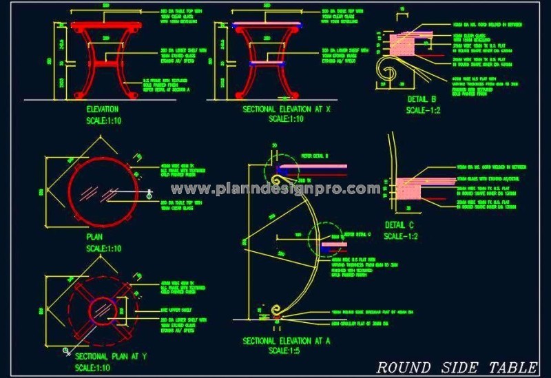 Round Side Table CAD Drawing- Gold MS Frame & Glass Top Details