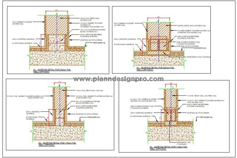 Skirting Detail CAD Drawing 230mm & 115mm Walls