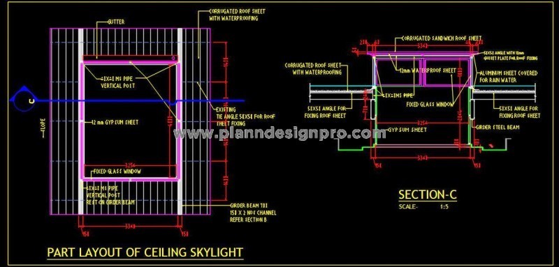 Skylight Design CAD Detail- Glass Windows on Steel Structure