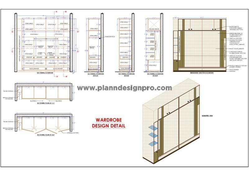 Sliding Wardrobe CAD Plan, Elevation, and Sections
