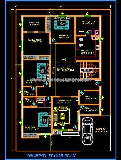 Spacious 3 BHK House Plan for 50'x75' Plot Autocad Drawing