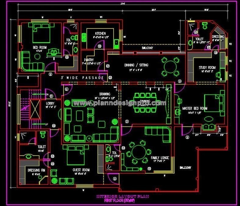 Spacious 3-Bedroom Apartment Design in 75'x60' AutoCAD DWG