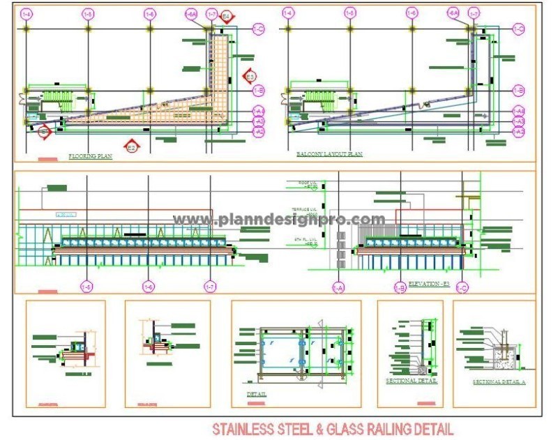 Stainless Steel & Glass Railing CAD Detail- Balcony & Elevation