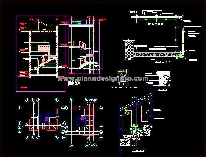 Staircase Design CAD- Plan, MS Railing, & Wooden Handrail