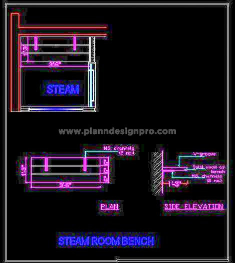 Steam Room Free DWG with Bench Fixing and Material Specs