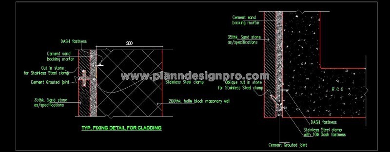 Stone Cladding CAD Construction Detail on Brick & R.C.C. Walls