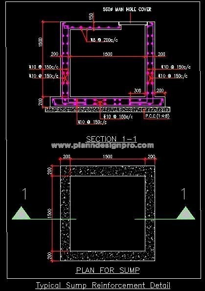 Sump Pit Reinforcement CAD- RCC Details and Sections