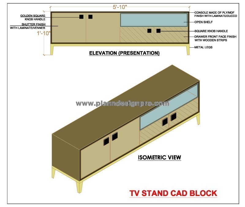 TV Console Design DWG with Open Shelves & Fluted Panels