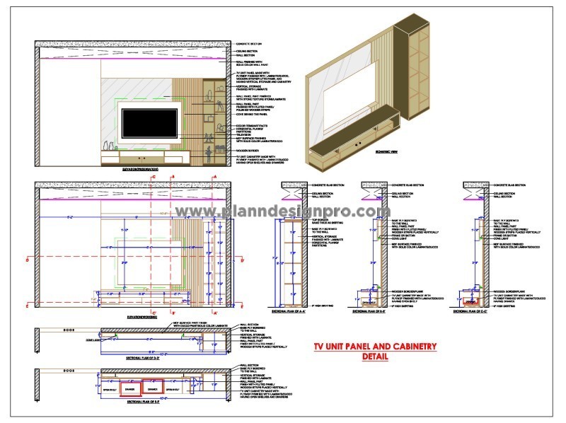 TV Unit AutoCAD Design with Vertical Storage & Open Shelves