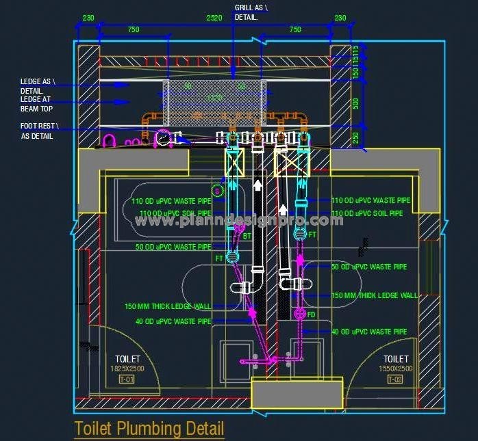 Toilet Plumbing CAD Drawing with Drainage System Details