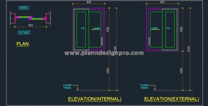 UPVC Sliding Window CAD Detail with Glass Shutter