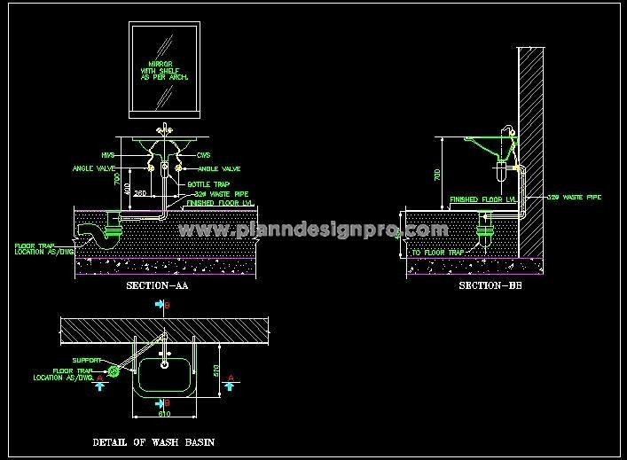 Wash Basin Plumbing Design DWG- Plan, Elevation, and Fixing