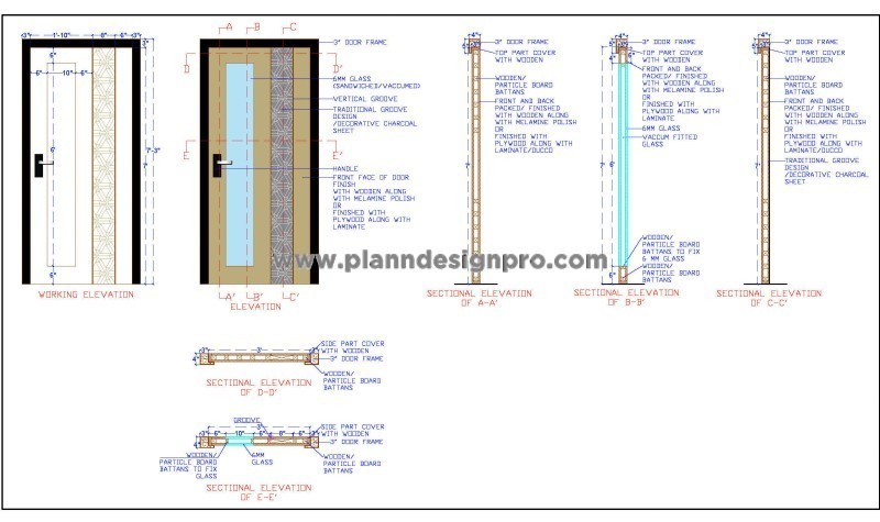Wooden Door with Decorative MDF Jali - AutoCAD Drawing