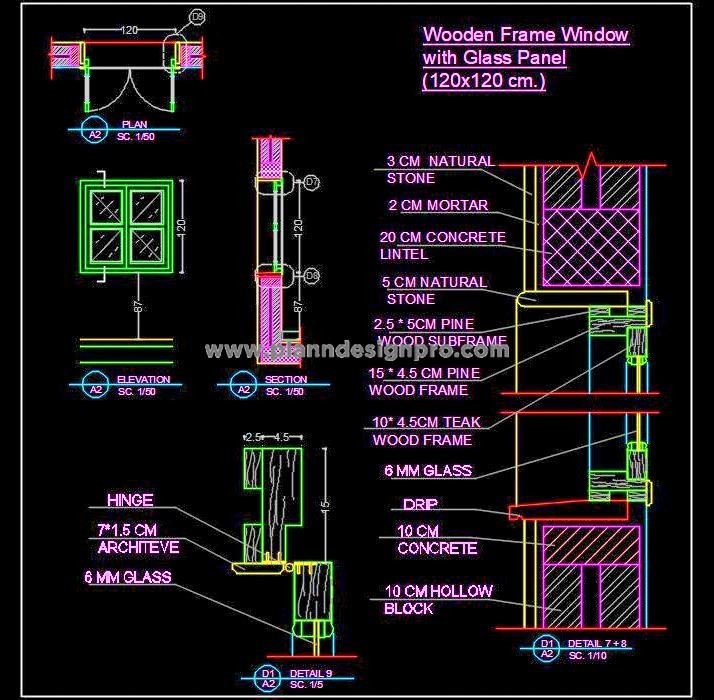 Wooden Window Detail with Glass Panels- DWG File