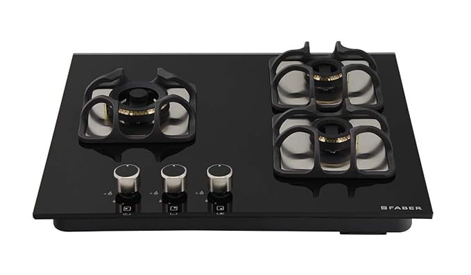 Faber Hob/Hobtop 3 Brass Burner Auto Electric Ignition Glass Top (Maxus HT603 CRS BR CI AI) Black